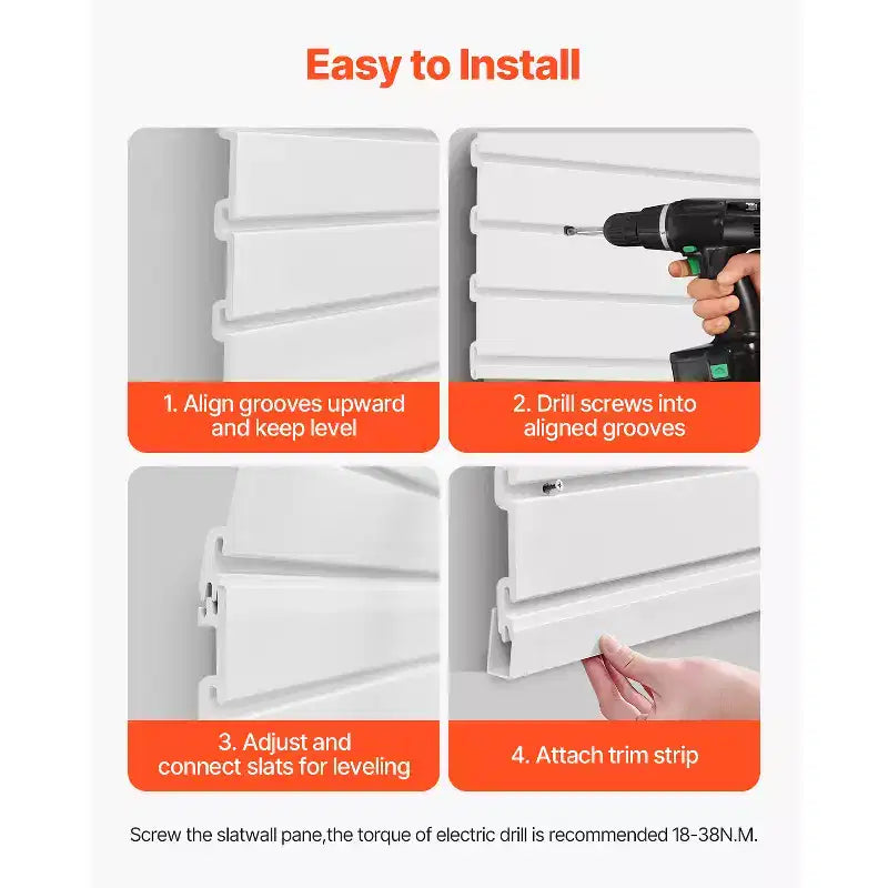 Pannelli a doghe VEVOR, 2,4 x 1,2 m, Slatwall in PVC per garage con accessori, Slatwall bianco, Pannello a doghe regolabile facile da installare, Bianco