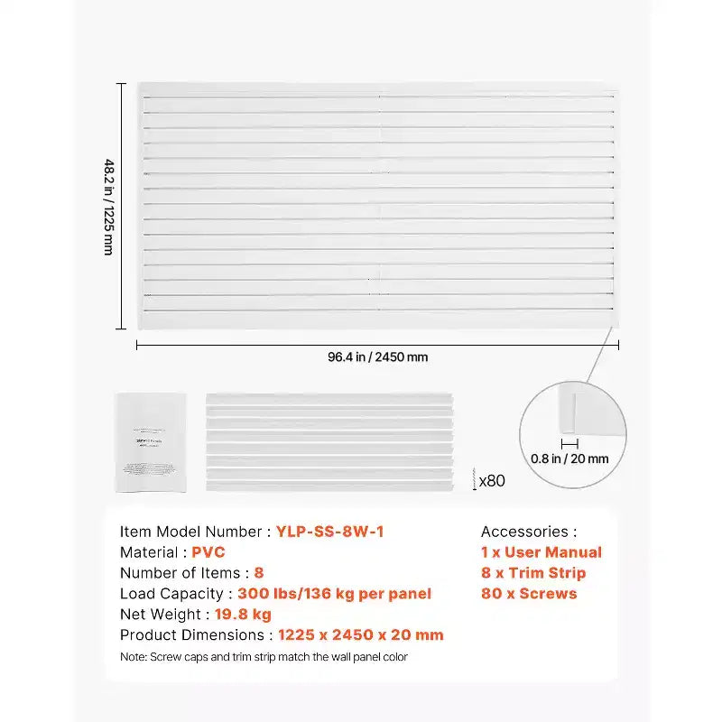 Pannelli a doghe VEVOR, 2,4 x 1,2 m, Slatwall in PVC per garage con accessori, Slatwall bianco, Pannello a doghe regolabile facile da installare, Bianco
