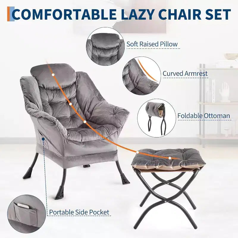 COZONY Sedia Sdraio con Poggiapiedi, Poltrona Accent Moderna con Ottomana, Tasca Laterale per Soggiorno Camera da Letto Dormitorio Ufficio