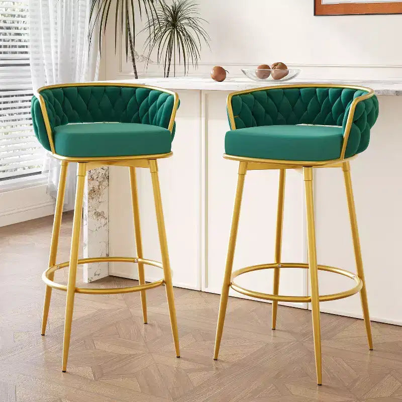 TUYOHW Set di 2 Sgabelli da Bar Girevoli da 80 cm, Lussuosi Sgabelli da Bar con Base in Metallo Dorato e Schienale Intrecciato a Mano, Capacità 130 kg