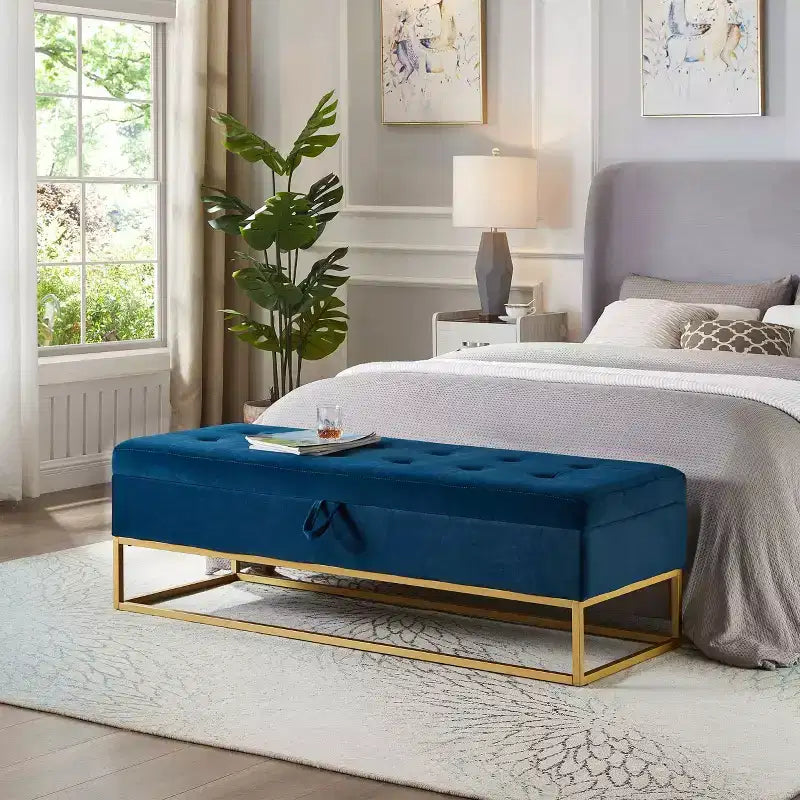 MAYEERTY Panca contenitore 58.6, Panca imbottita con base in metallo per camera da letto, soggiorno, corridoio, blu
