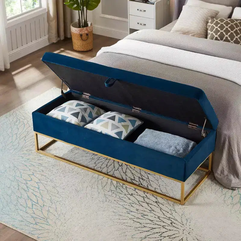 MAYEERTY Panca contenitore 58.6, Panca imbottita con base in metallo per camera da letto, soggiorno, corridoio, blu