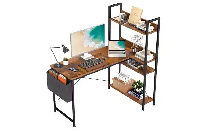 Scrivania ad angolo moderna reversibile Okak con libreria regolabile, scrivania per computer da studio, ufficio, per adolescenti e studenti