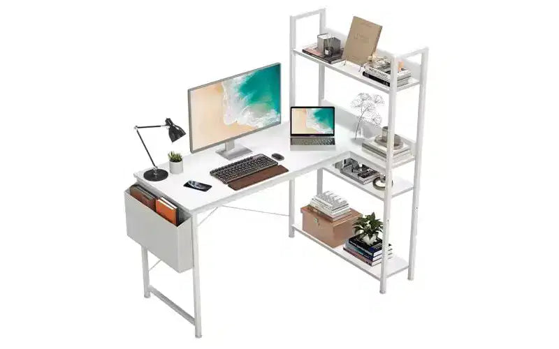 Scrivania ad angolo moderna reversibile Okak con libreria regolabile, scrivania per computer da studio, ufficio, per adolescenti e studenti