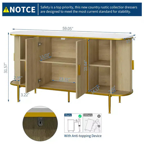 Credenza a buffet moderna di metà secolo da 59 pollici, mobile contenitore scanalato con gambe in metallo, tavolo console per sala da pranzo soggiorno ingresso
