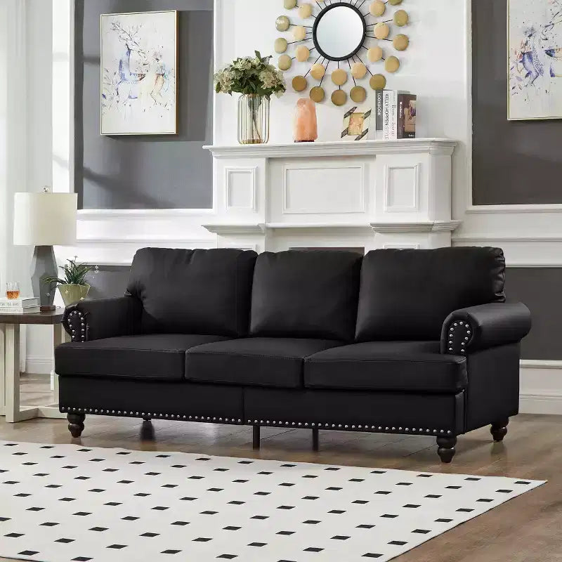 MAYEERTY 83 Divano a Tre Posti Moderno con Borchie Rivestimento in Similpelle "Cowhide" per Soggiorno Nero