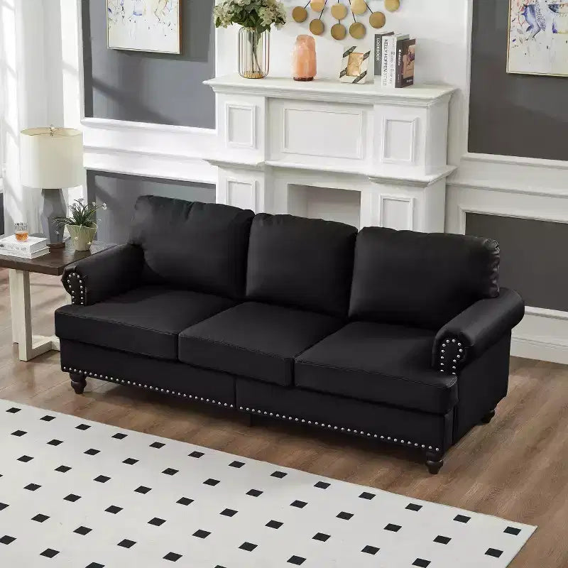 MAYEERTY 83 Divano a Tre Posti Moderno con Borchie Rivestimento in Similpelle "Cowhide" per Soggiorno Nero