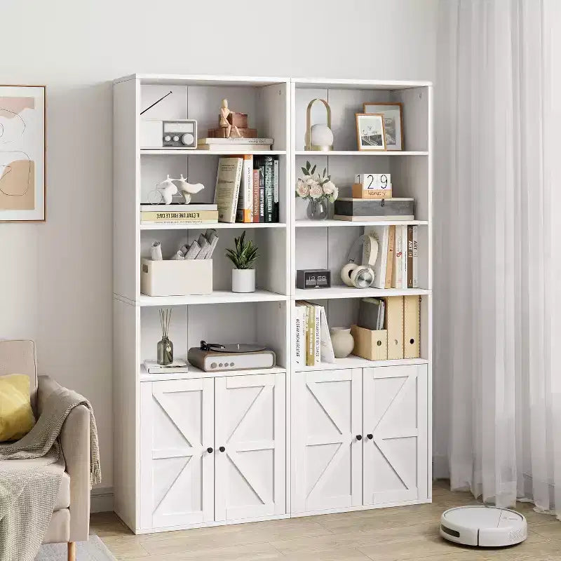 2 librerie a 6 ripiani alte 181 cm, stile rustico con 4 ante, per soggiorno e ufficio, facile da montare