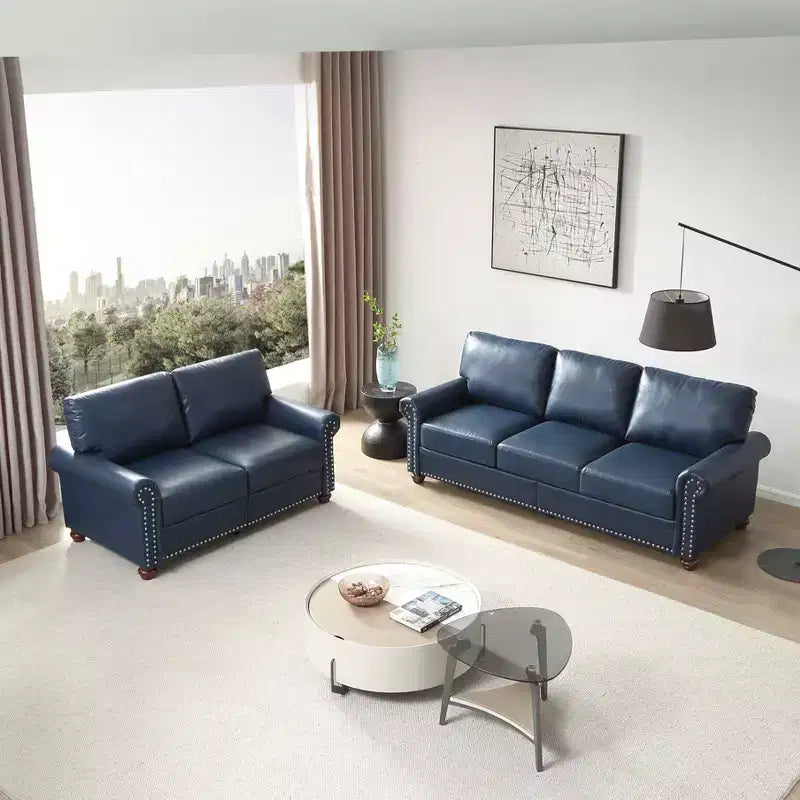 MAYEERTY Divano sezionale a 2 pezzi in similpelle con contenitore e borchie argentate per soggiorno, blu navy
