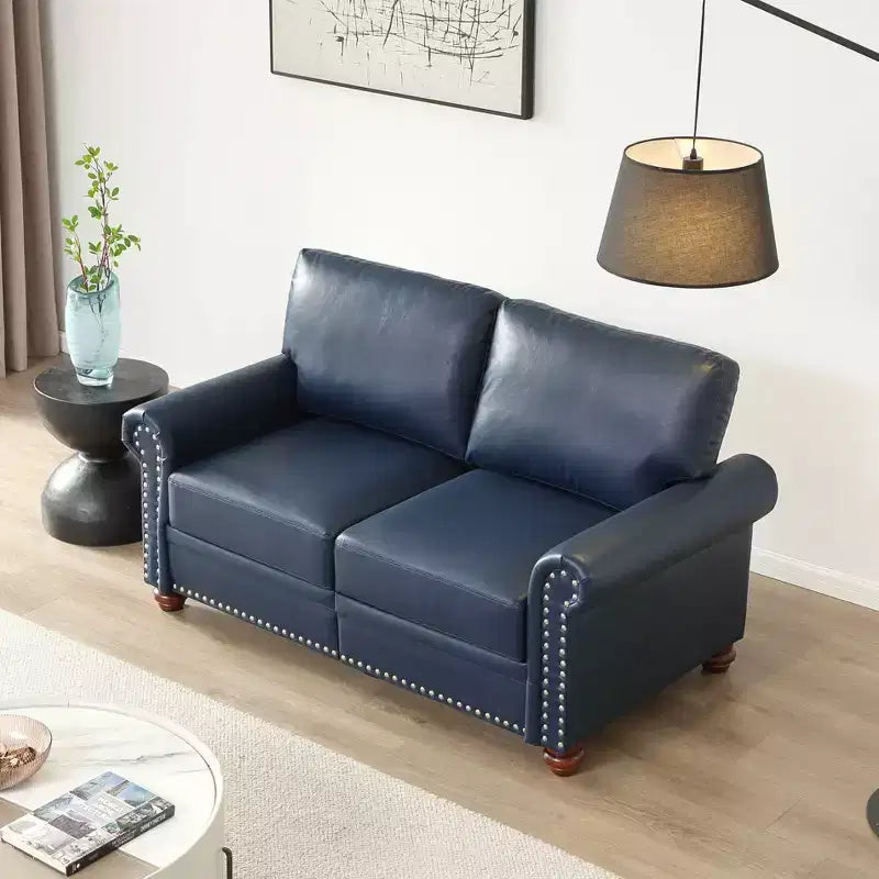 MAYEERTY Divano sezionale a 2 pezzi in similpelle con contenitore e borchie argentate per soggiorno, blu navy