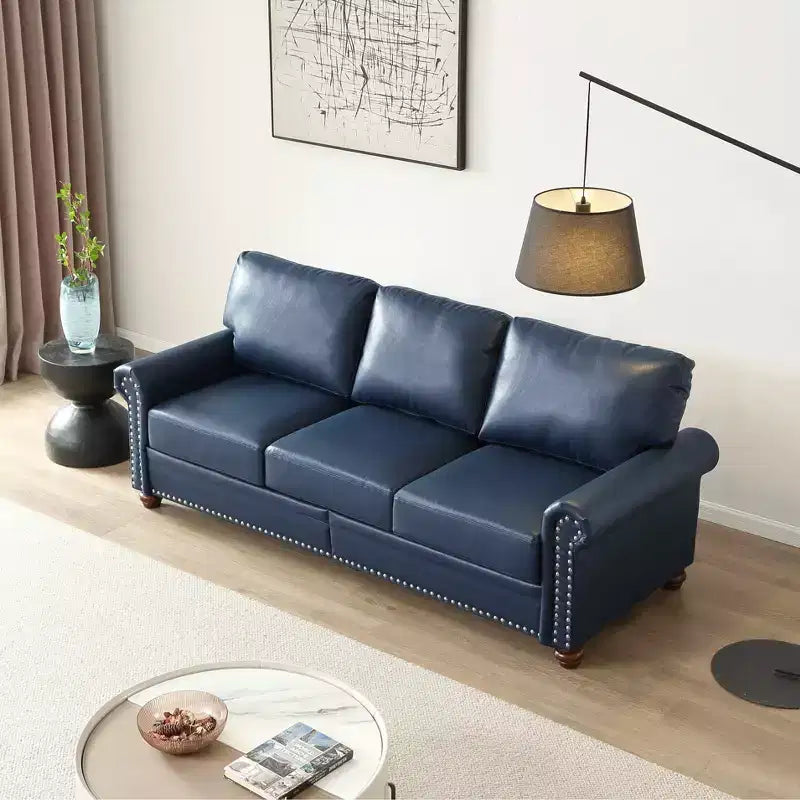 MAYEERTY Divano sezionale a 2 pezzi in similpelle con contenitore e borchie argentate per soggiorno, blu navy