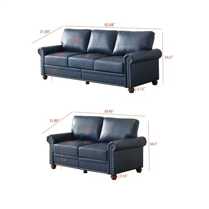 MAYEERTY Divano sezionale a 2 pezzi in similpelle con contenitore e borchie argentate per soggiorno, blu navy