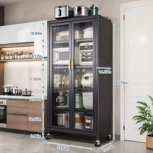 Dispensa da Cucina 67.3 con Anta in Vetro Acrilico, Ripiani Regolabili e Ruote, Armadietto Dispensa Alto in Metallo per la Cucina