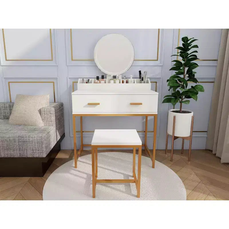 Toeletta moderna Okak con gambe in metallo e specchio rotondo, mobile trucco con sgabello imbottito, tavolo da trucco per camera da letto piccola, bianco antico