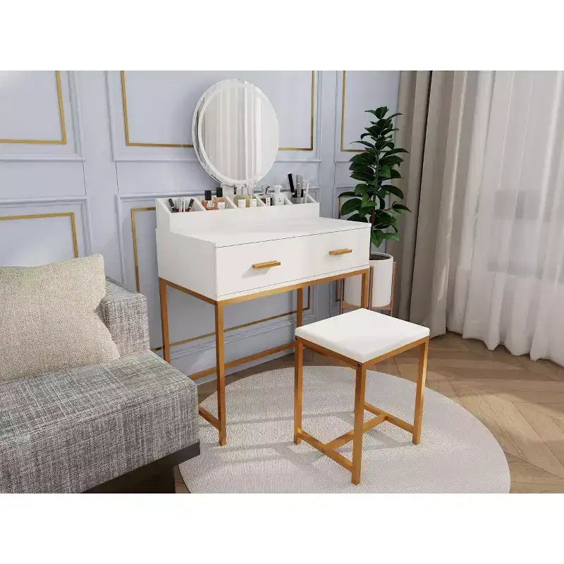 Toeletta moderna Okak con gambe in metallo e specchio rotondo, mobile trucco con sgabello imbottito, tavolo da trucco per camera da letto piccola, bianco antico
