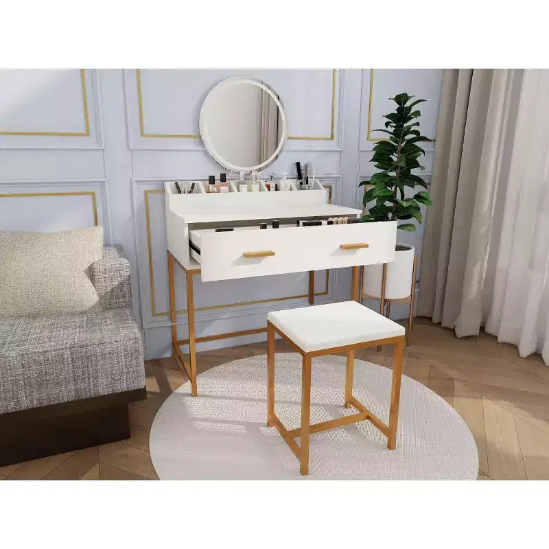Toeletta moderna Okak con gambe in metallo e specchio rotondo, mobile trucco con sgabello imbottito, tavolo da trucco per camera da letto piccola, bianco antico