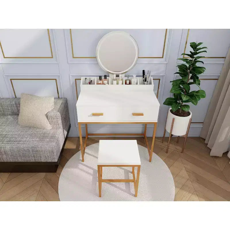 Toeletta moderna Okak con gambe in metallo e specchio rotondo, mobile trucco con sgabello imbottito, tavolo da trucco per camera da letto piccola, bianco antico