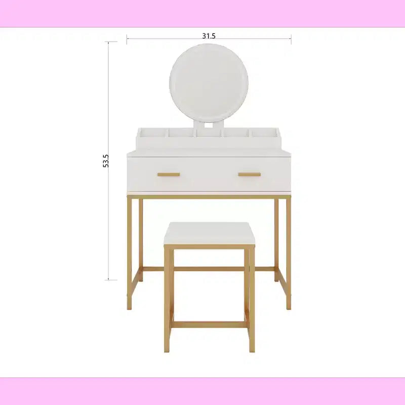 Toeletta moderna Okak con gambe in metallo e specchio rotondo, mobile trucco con sgabello imbottito, tavolo da trucco per camera da letto piccola, bianco antico