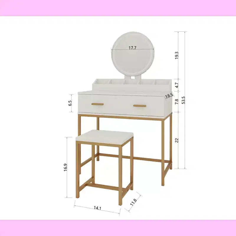 Toeletta moderna Okak con gambe in metallo e specchio rotondo, mobile trucco con sgabello imbottito, tavolo da trucco per camera da letto piccola, bianco antico