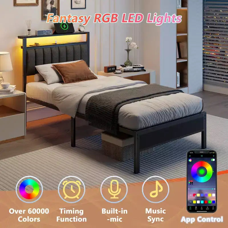 Letto a piattaforma imbottito singolo con luci LED, stazione di ricarica, mensole portaoggetti a 2 livelli, testiera in metallo grigio, nessuna molla necessaria per gaming o dormitorio