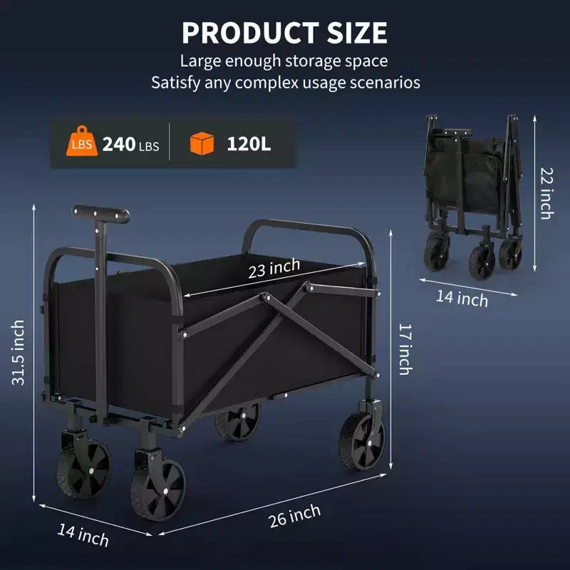 Carrello Pieghevole con Ruote All-Terrain e Manico Regolabile - Capacità 108 kg per Shopping, Campeggio e Giardino - Nero