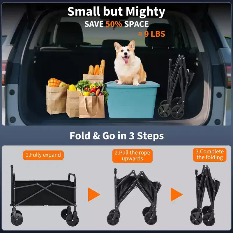 Carrello Pieghevole con Ruote All-Terrain e Manico Regolabile - Capacità 108 kg per Shopping, Campeggio e Giardino - Nero