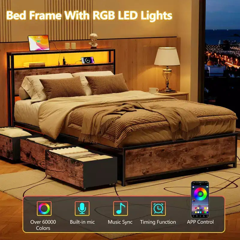 Base per letto matrimoniale industriale con 6 cassetti, luci a LED, stazione di ricarica, testiera con ripiano a 2 livelli, metallo resistente, nessuna necessità di box spring