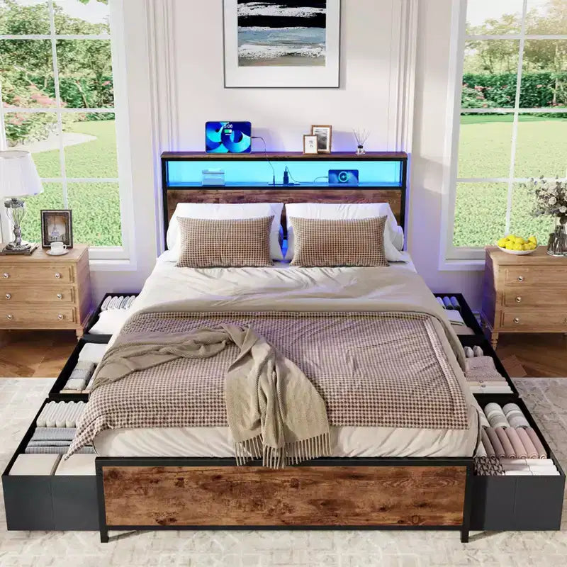 Base per letto matrimoniale industriale con 6 cassetti, luci a LED, stazione di ricarica, testiera con ripiano a 2 livelli, metallo resistente, nessuna necessità di box spring