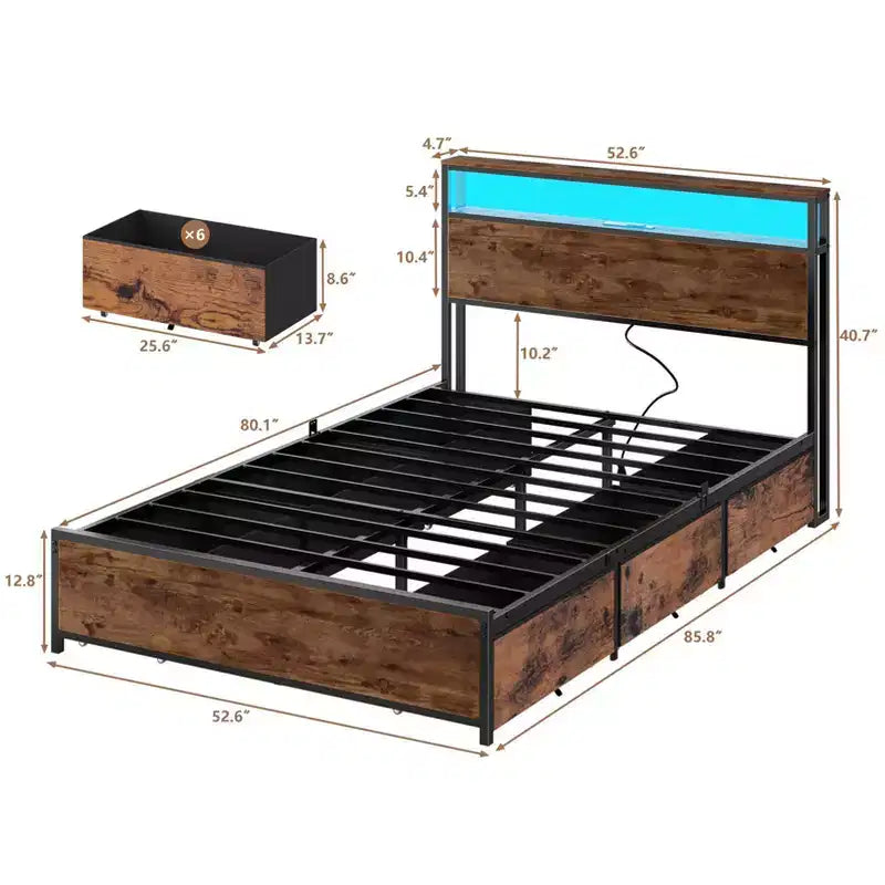Base per letto matrimoniale industriale con 6 cassetti, luci a LED, stazione di ricarica, testiera con ripiano a 2 livelli, metallo resistente, nessuna necessità di box spring