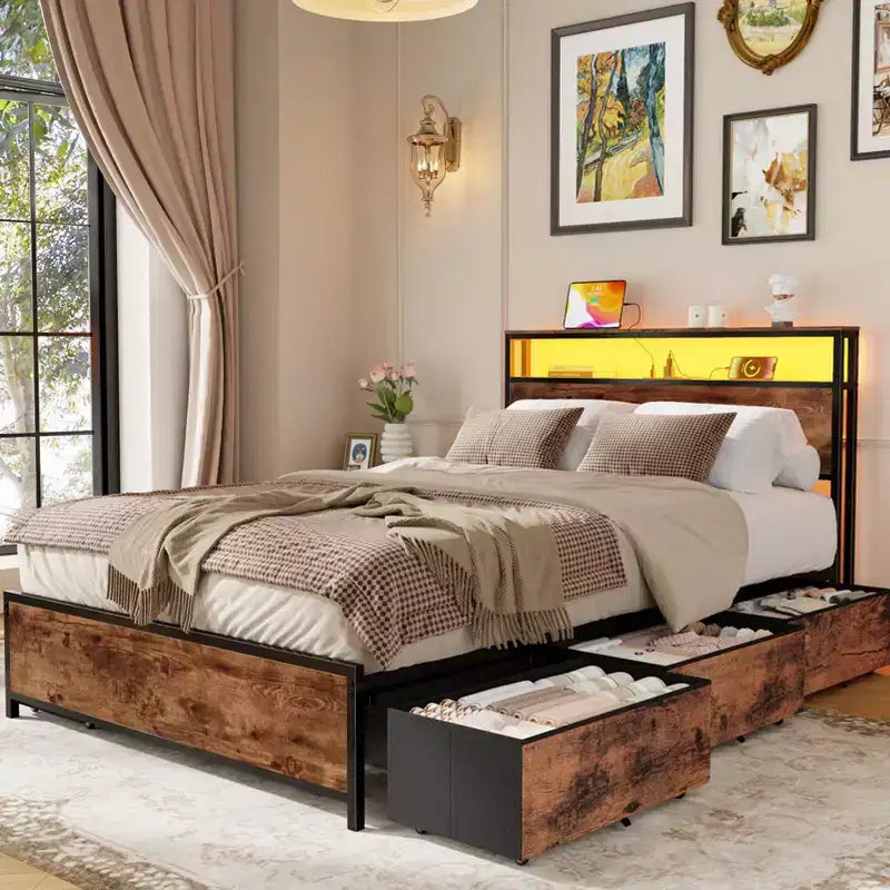 Base per letto matrimoniale industriale con 6 cassetti, luci a LED, stazione di ricarica, testiera con ripiano a 2 livelli, metallo resistente, nessuna necessità di box spring