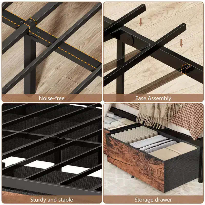 Base per letto matrimoniale industriale con 6 cassetti, luci a LED, stazione di ricarica, testiera con ripiano a 2 livelli, metallo resistente, nessuna necessità di box spring