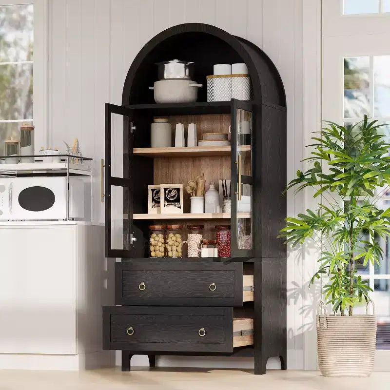 sumyeg Credenza da cucina alta 71" ad arco con ante in vetro, ripiani regolabili e 2 grandi cassetti
