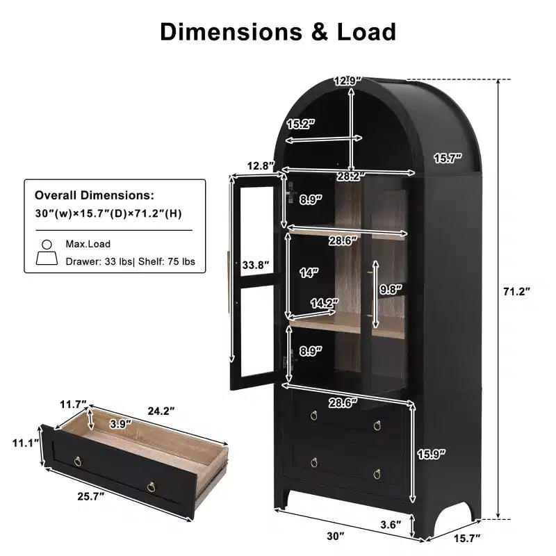 sumyeg Credenza da cucina alta 71" ad arco con ante in vetro, ripiani regolabili e 2 grandi cassetti