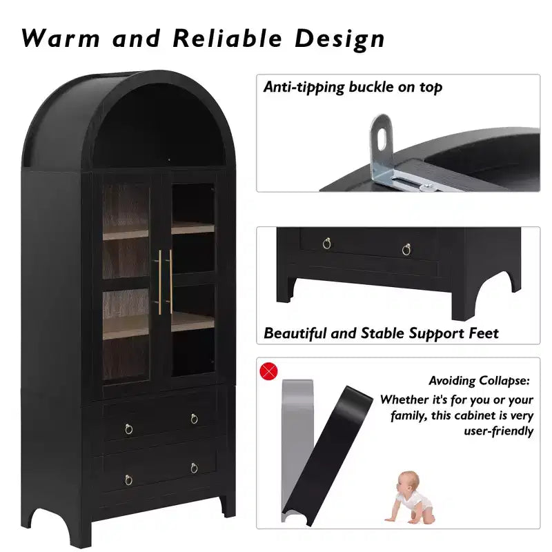sumyeg Credenza da cucina alta 71" ad arco con ante in vetro, ripiani regolabili e 2 grandi cassetti