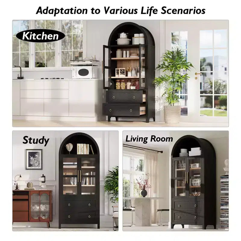 sumyeg Credenza da cucina alta 71" ad arco con ante in vetro, ripiani regolabili e 2 grandi cassetti