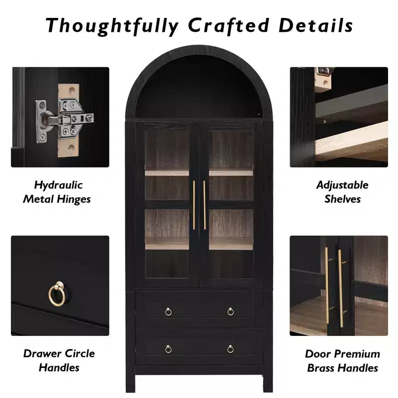 sumyeg Credenza da cucina alta 71" ad arco con ante in vetro, ripiani regolabili e 2 grandi cassetti