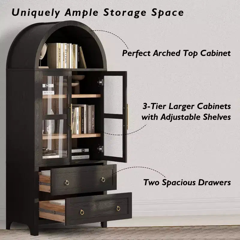 sumyeg Credenza da cucina alta 71" ad arco con ante in vetro, ripiani regolabili e 2 grandi cassetti