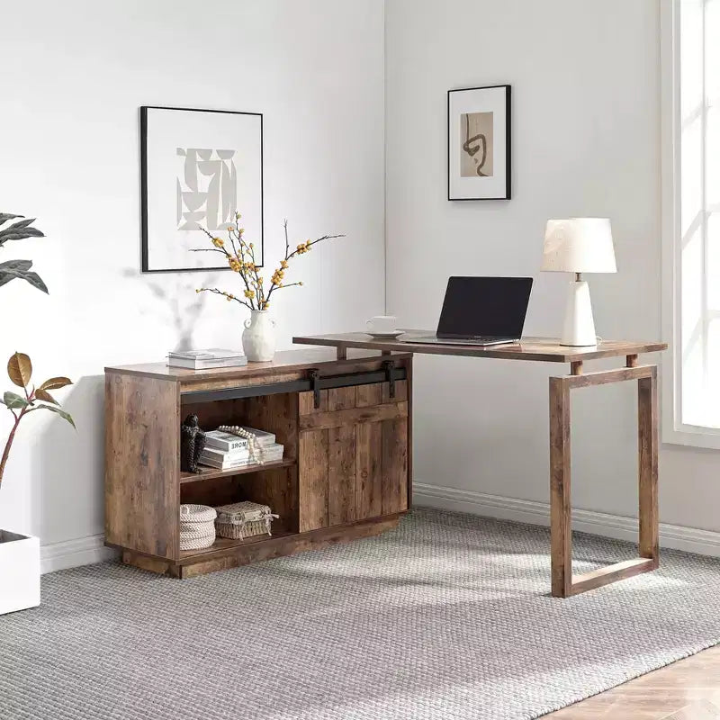 TUYOHW Scrivania a L 47,25", Postazione di Lavoro con Credenza a Porta Scorrevole "Barn Door", Scrivania da Ufficio Reversibile, Postazione di Lavoro Galleggiante con Retro Rifinito