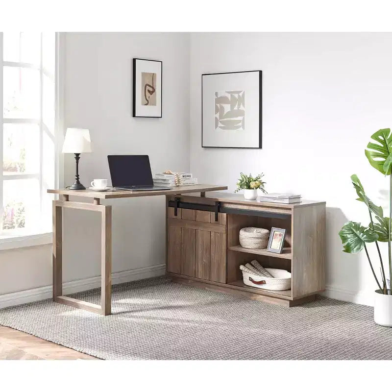 TUYOHW Scrivania a L 47,25", Postazione di Lavoro con Credenza a Porta Scorrevole "Barn Door", Scrivania da Ufficio Reversibile, Postazione di Lavoro Galleggiante con Retro Rifinito