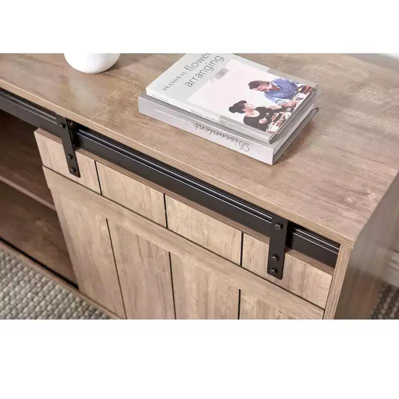 TUYOHW Scrivania a L 47,25", Postazione di Lavoro con Credenza a Porta Scorrevole "Barn Door", Scrivania da Ufficio Reversibile, Postazione di Lavoro Galleggiante con Retro Rifinito