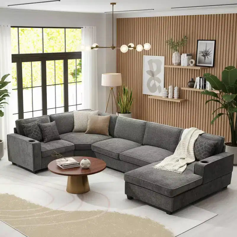 Divano sezionale a U a 6 posti in ciniglia Polibi con chaise longue oversize