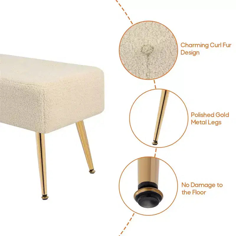 Panca imbottita in finto shearling "Tufted" di Furniliving con bottoni e gambe in metallo per camera da letto/ingresso/corridoio