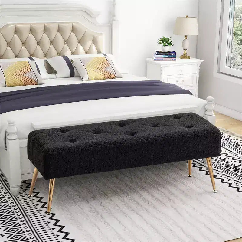 Panca imbottita in finto shearling "Tufted" di Furniliving con bottoni e gambe in metallo per camera da letto/ingresso/corridoio