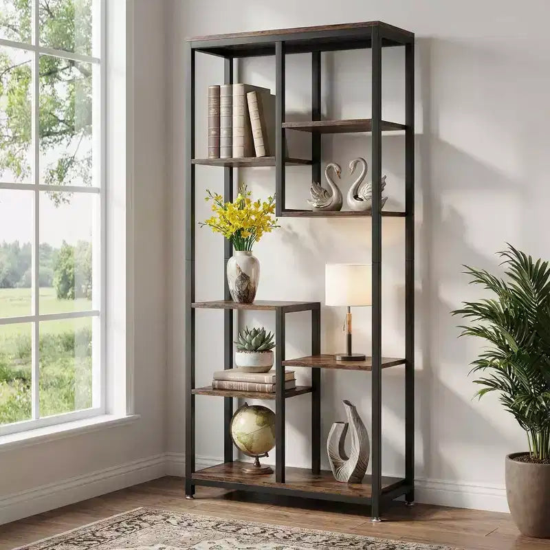 MAYEERTY Libreria industriale sfalsata a 8 ripiani, in venatura di legno vintage e struttura in metallo nero