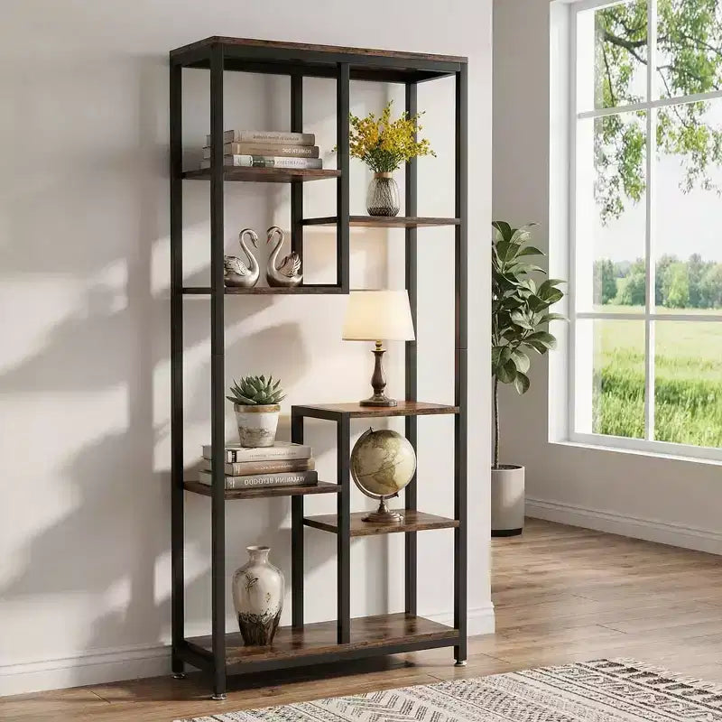 MAYEERTY Libreria industriale sfalsata a 8 ripiani, in venatura di legno vintage e struttura in metallo nero