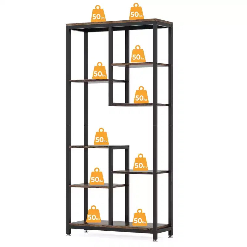 MAYEERTY Libreria industriale sfalsata a 8 ripiani, in venatura di legno vintage e struttura in metallo nero