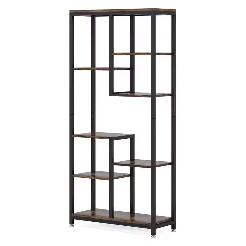 MAYEERTY Libreria industriale sfalsata a 8 ripiani, in venatura di legno vintage e struttura in metallo nero