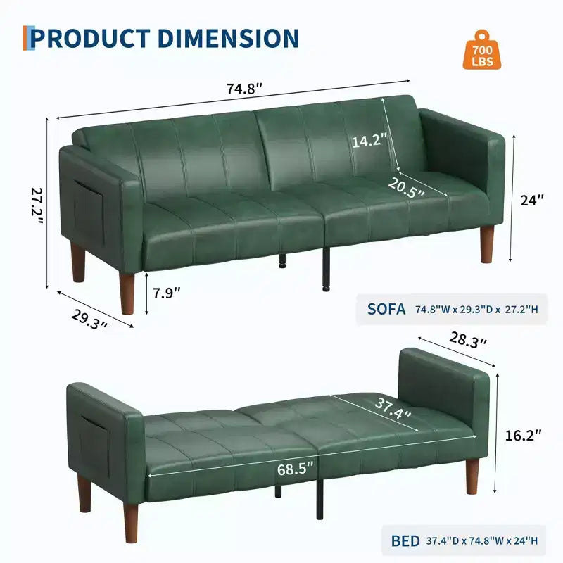 Acekool Divano Letto Futon 75 pollici, Divano Convertibile in Ecopelle, Divanetto Moderno Metà Secolo per Piccoli Spazi, Soggiorno, Camera da Letto, Verde