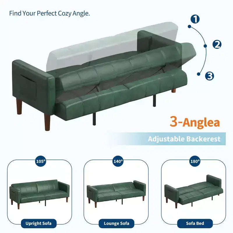 Acekool Divano Letto Futon 75 pollici, Divano Convertibile in Ecopelle, Divanetto Moderno Metà Secolo per Piccoli Spazi, Soggiorno, Camera da Letto, Verde