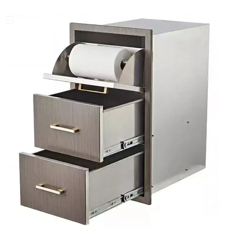 Cassetti per cucina da esterno 17 L x 30 H x 21 P, cassetti tripli a incasso per barbecue con maniglia in acciaio inossidabile, combo portarotolo di carta per isola barbecue